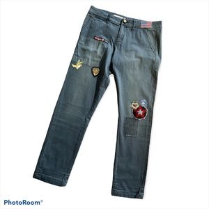 NWT ANTHROPOLOGIE PILCRO HYPHEN BOY FIT PANTS, BLUE, PATCHWORK, BEADED, SZ: 28